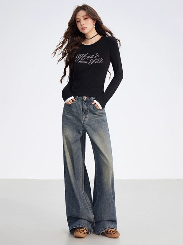Dual-Layer Letter Embellished Slim-Fit T-Shirt