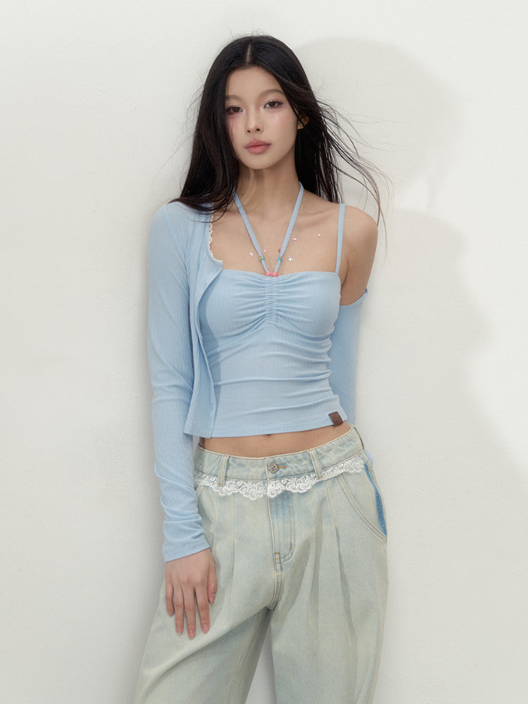 Lace-Panel Loose Straight Denim Jeans - CHINASQUAD