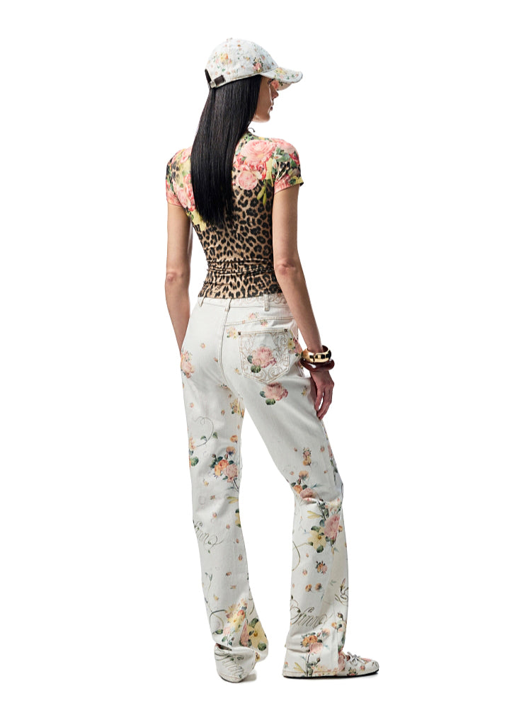 Floral Print Rhinestones Regular-shoulder T-shirt - CHINASQUAD