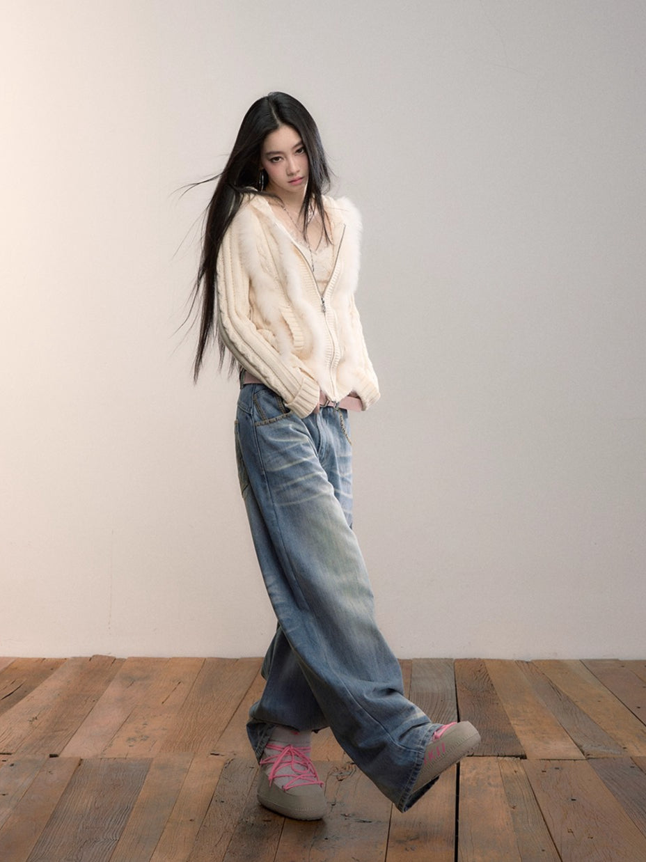 Fox Fur Trim Hooded Knit Cardigan