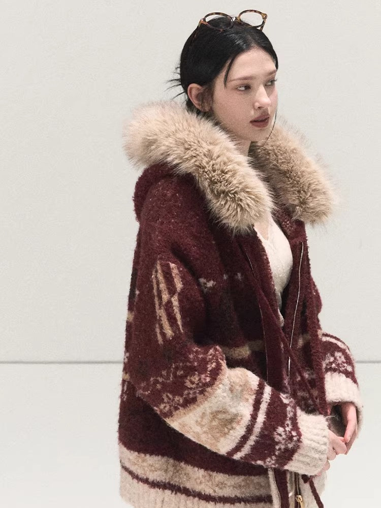 Detachable Fur-Collar Wool Hooded Cardigan