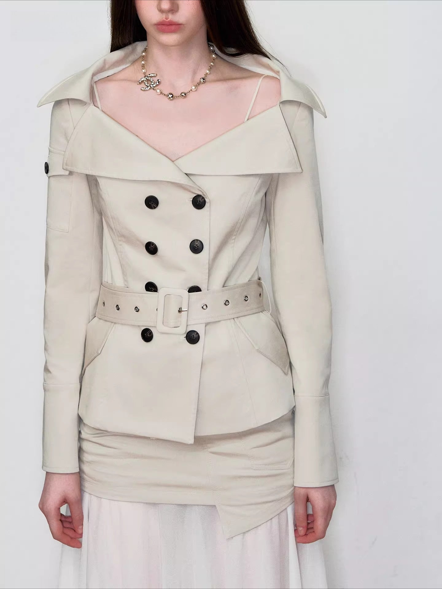 Off-Shoulder Belted Double-Breasted Blazer