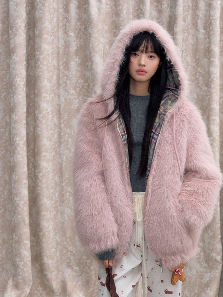 Plaid Spliced Eco-friendly Faux Fur Coat - CHINASQUAD