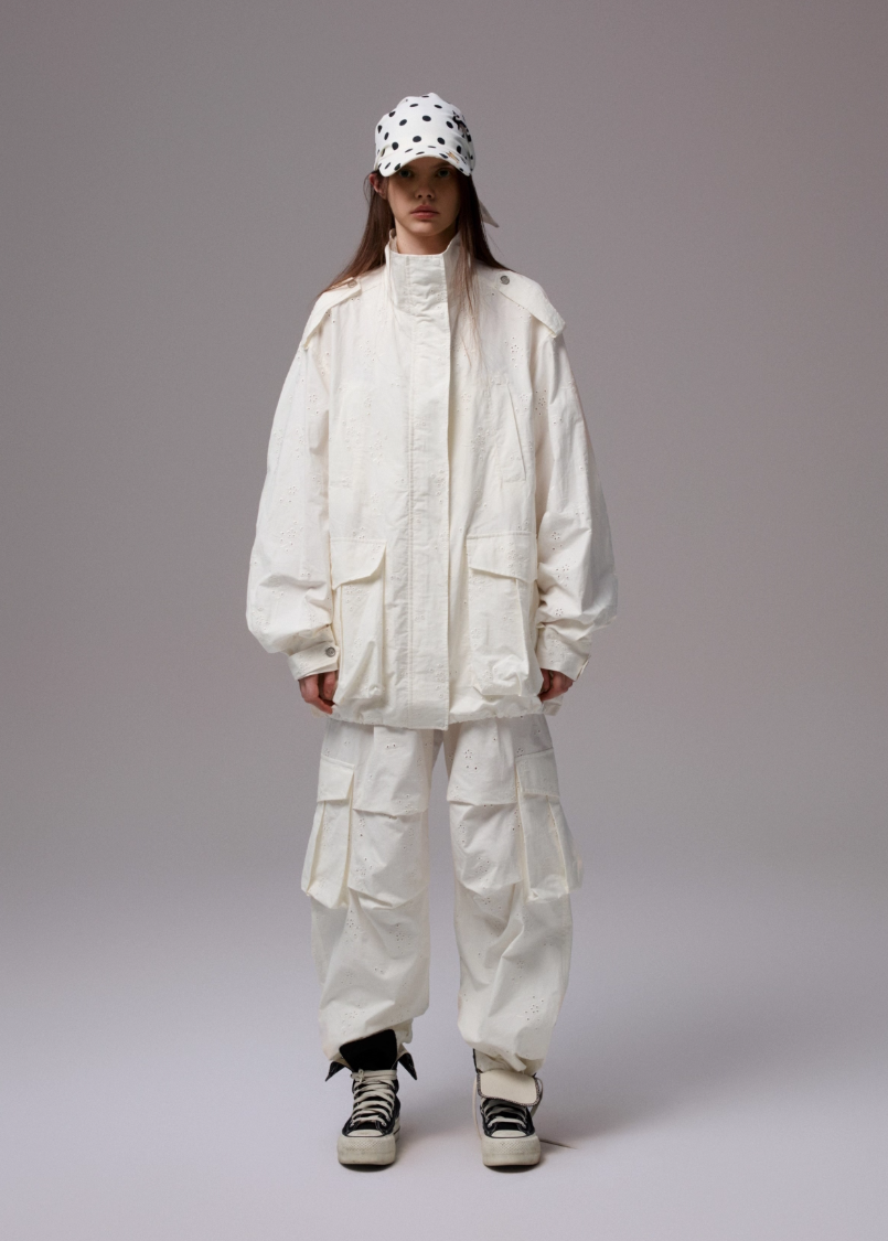Embroidered Jacquard Multi-Pocket Stand-Collar Utility Jacket