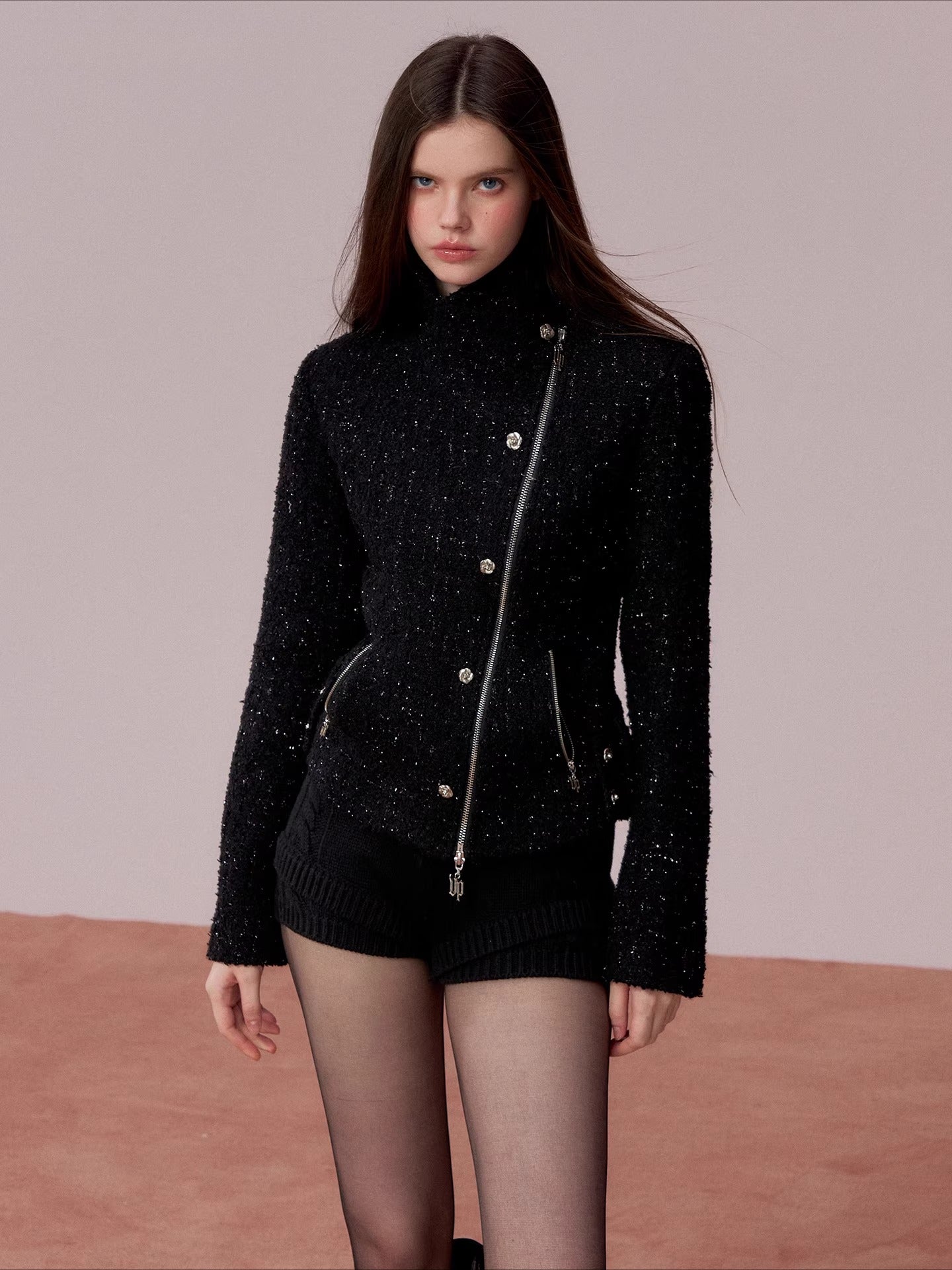 Rose-Button High-Neck Fitted Jacket