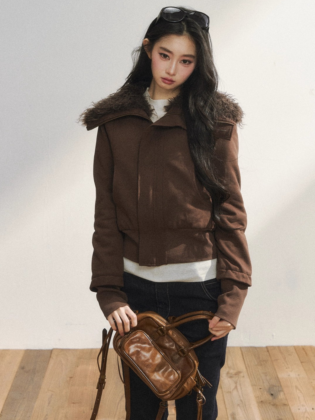 Faux Fur Collar Cropped Sweat Jacket