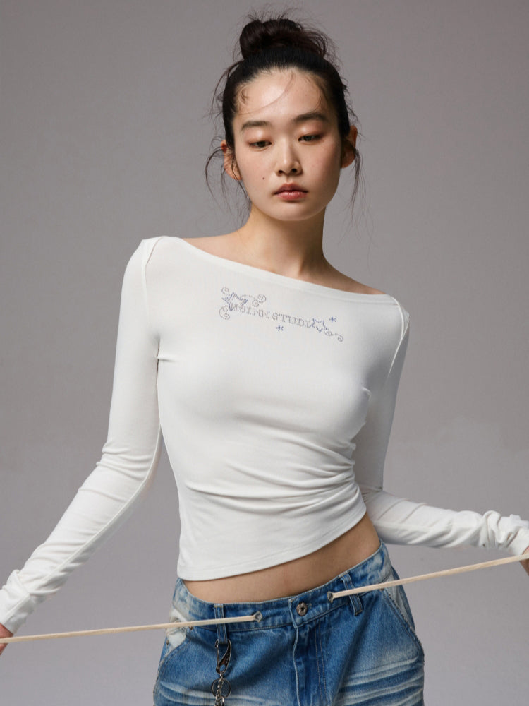 Rhinestone One-Shoulder Long-Sleeve T-Shirt - CHINASQUAD