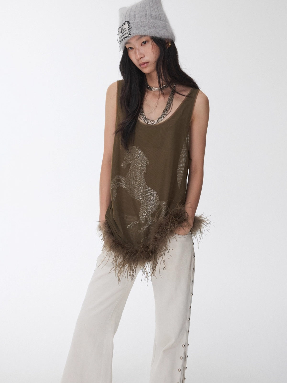 Trim Sheer Mesh Rhinestone Tank Top