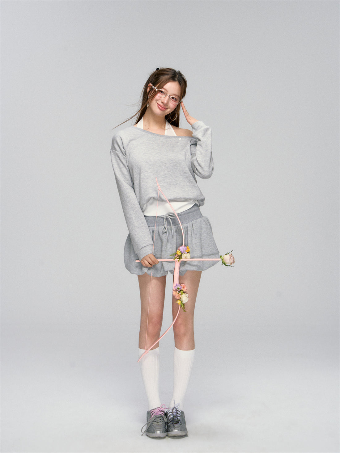 Gray Sporty Slanted Sweatshirt & Skirt Set - CHINASQUAD