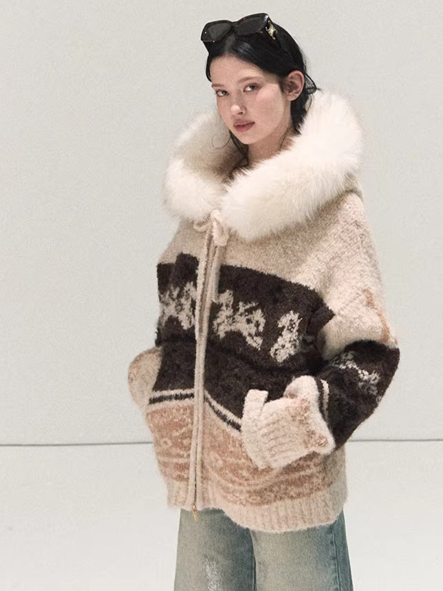 Detachable Fur-Collar Wool Hooded Cardigan