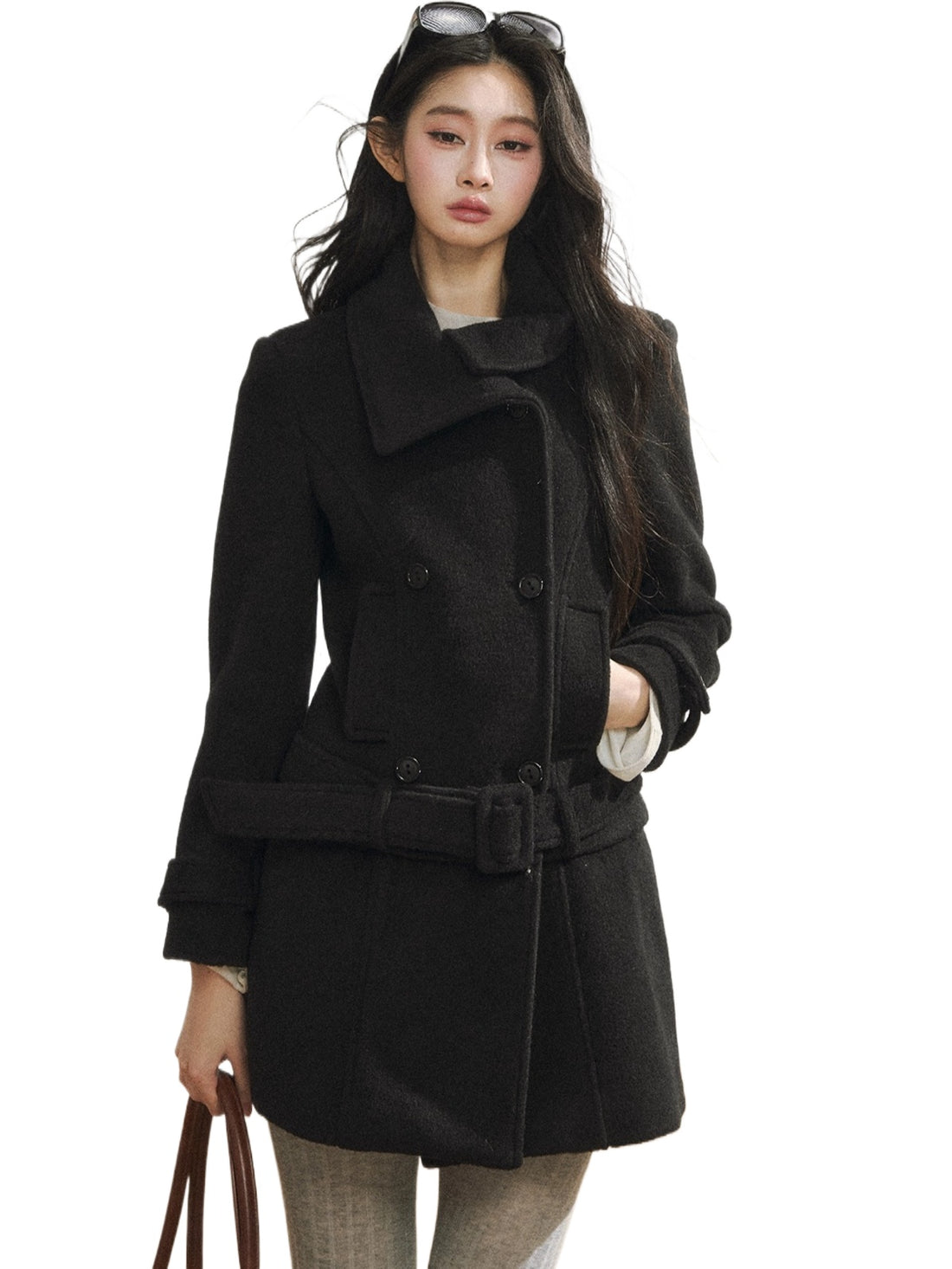 Black Wool-Blend Detachable Hem Double-Breasted Coat