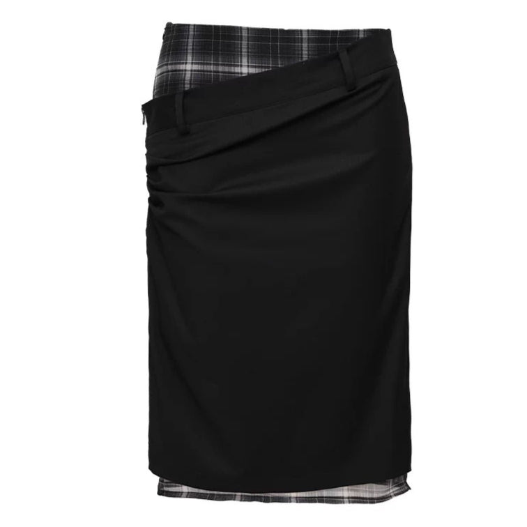 Deconstructed Check Patchwork Straight Midi Skirt