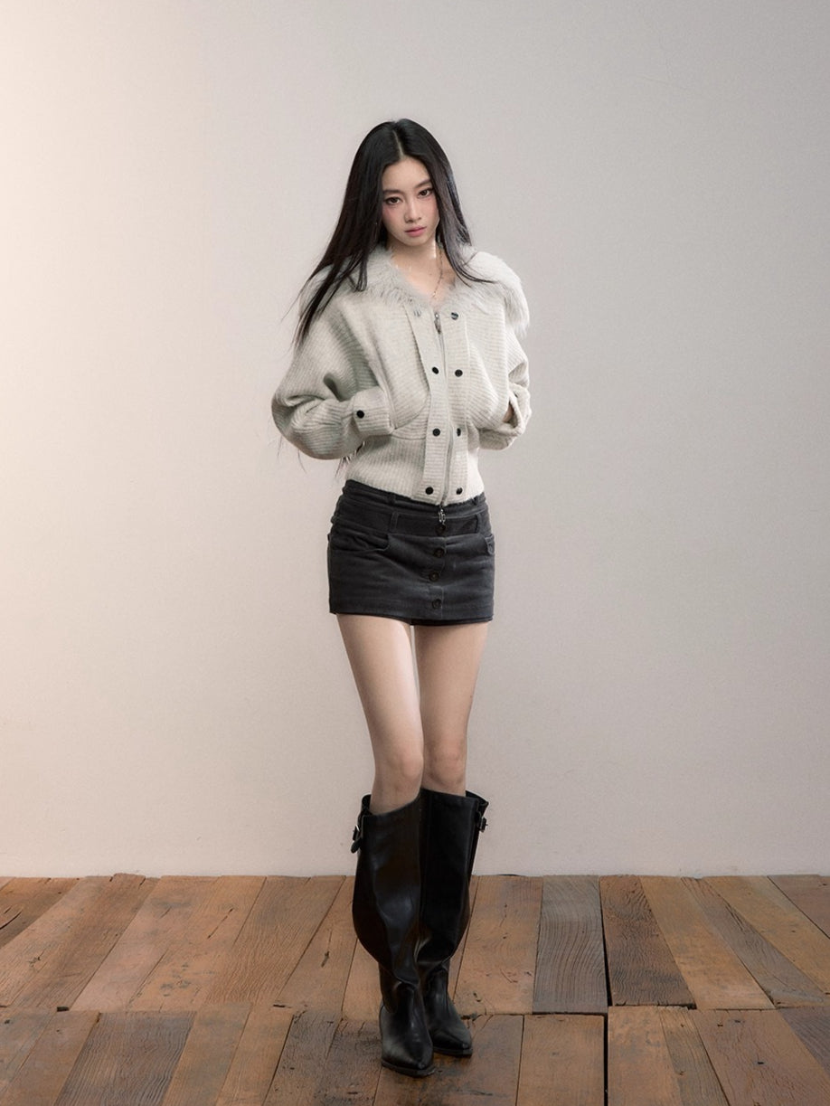 Faux Fur Collar Knit Jacket