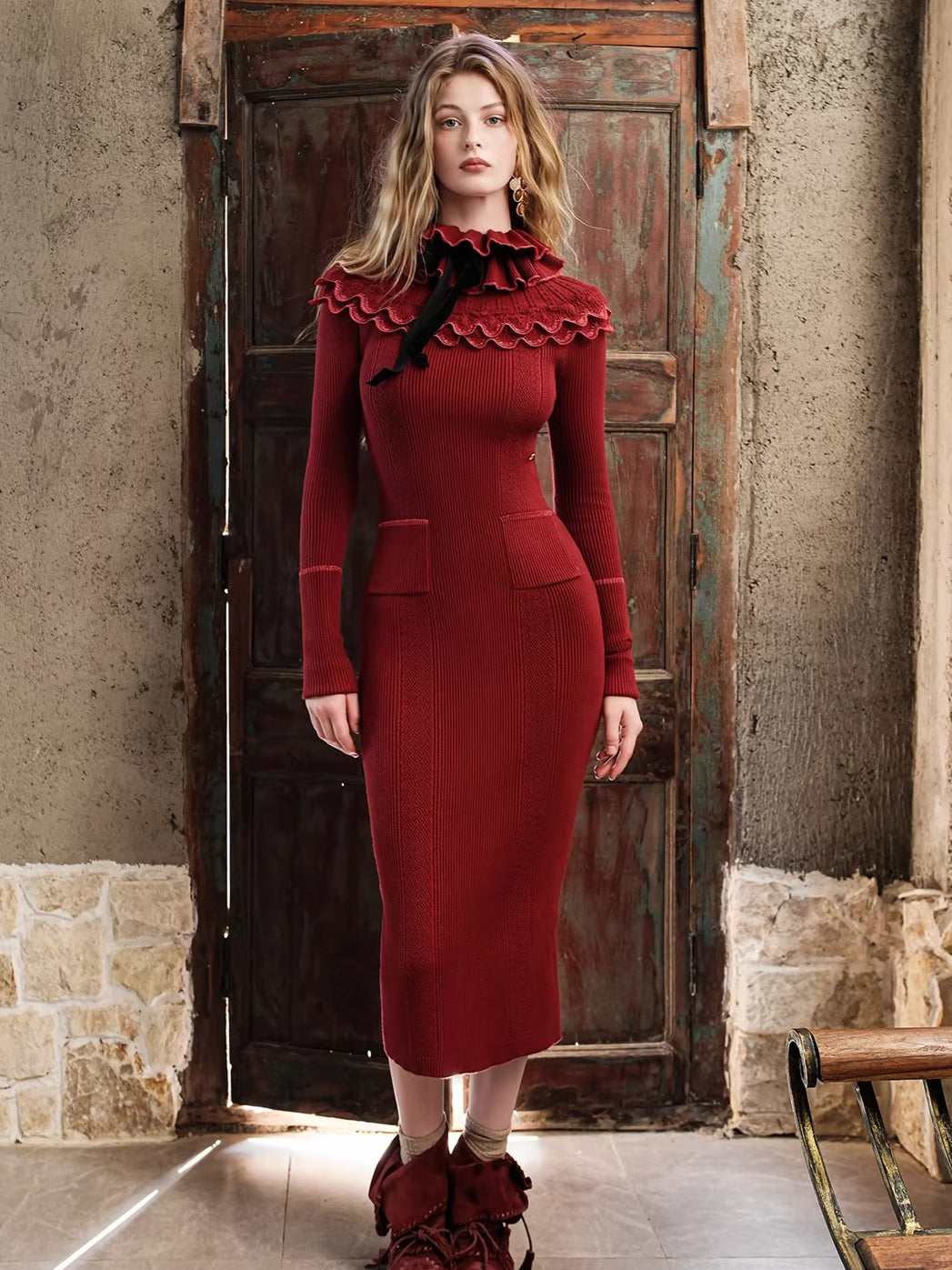 High-Neck Knit Maxi Dress