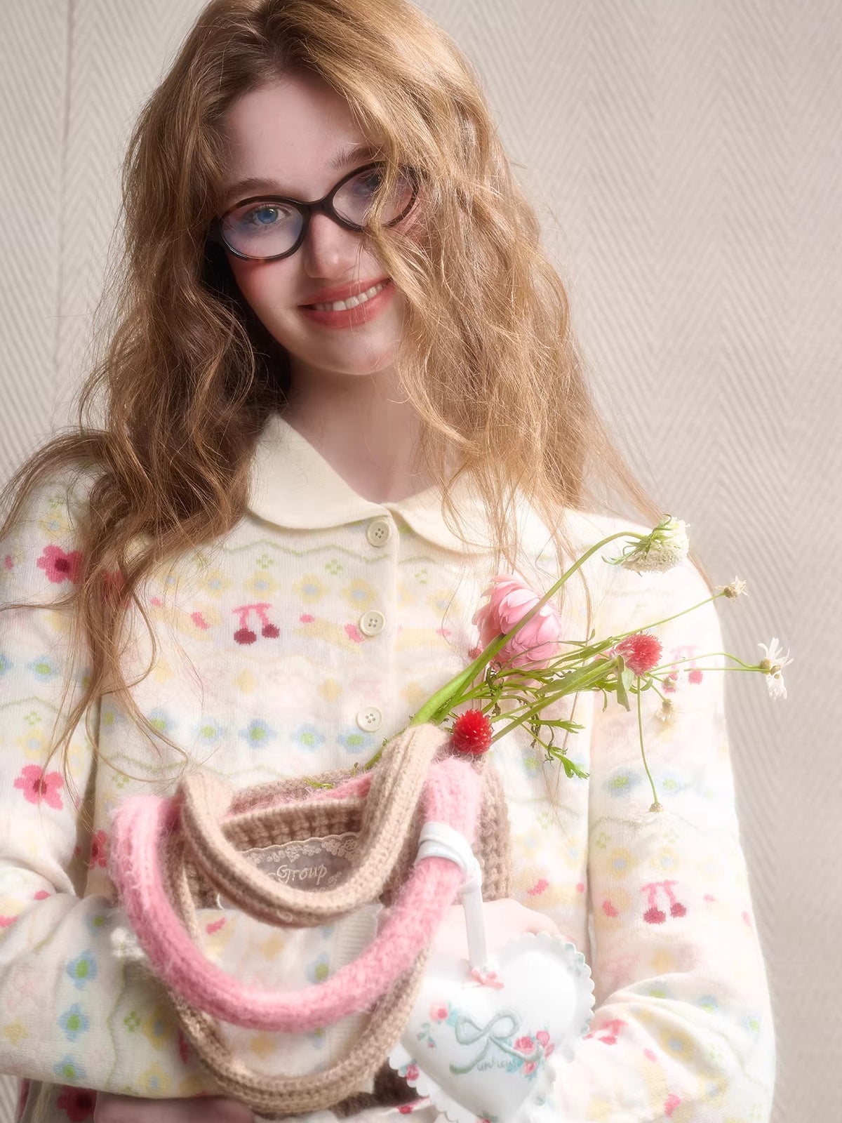 Jacquard Doll-Collar Knit Cardigan