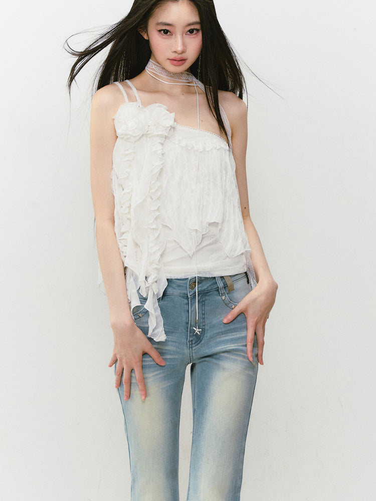 Heavy-Duty Floral Asymmetric Lace Camisole - CHINASQUAD