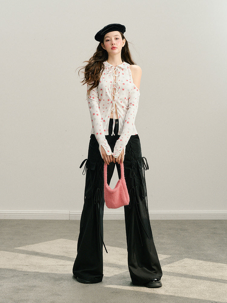 Black & White Off-Shoulder Tie-Back Knit Cardigan - CHINASQUAD