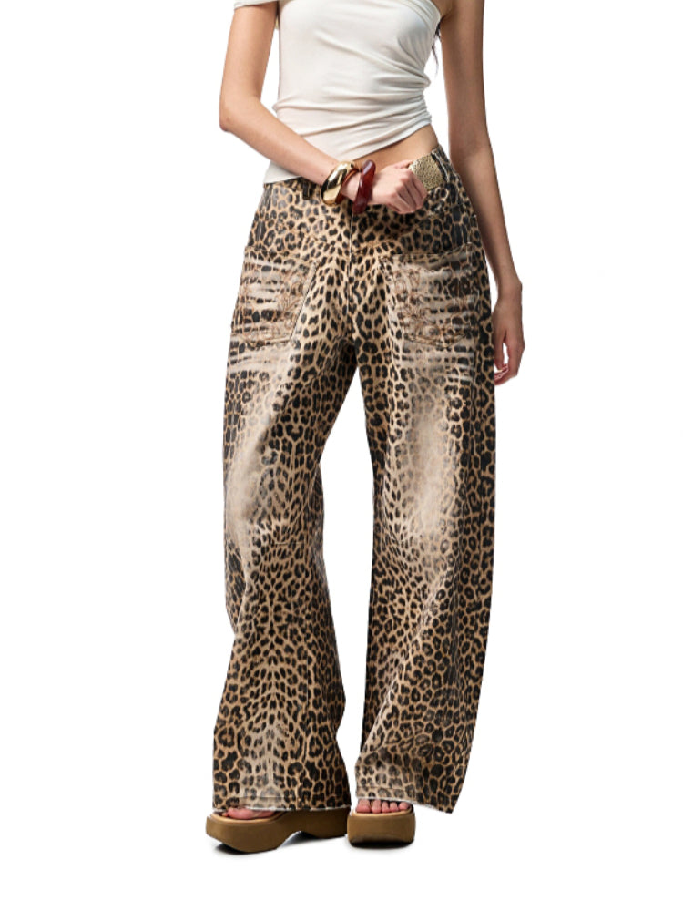 Washed Leopard Print Canvas Curved Pants - CHINASQUAD