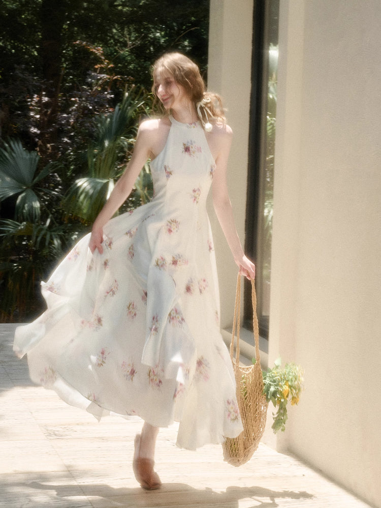 Halter Neck Printed Square Scarf Long Dress - CHINASQUAD