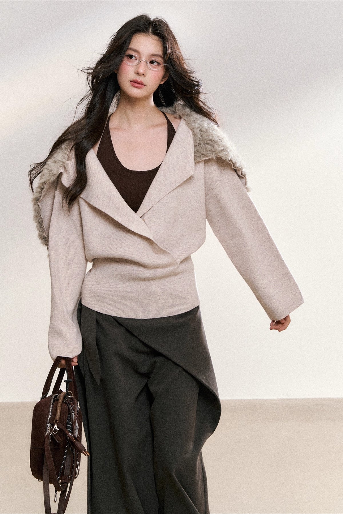 Faux Fur Collar Wrap Knit Cardigan - CHINASQUAD