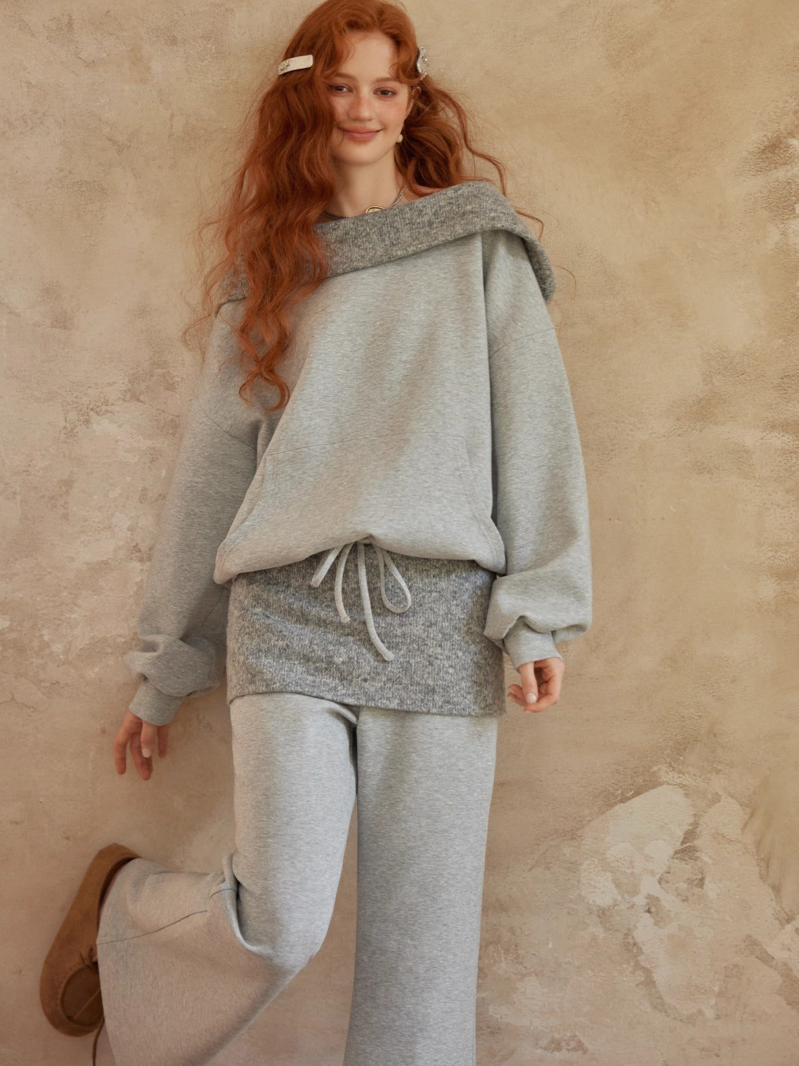Grey Off-Shoulder Sweatshirt & Flared Pants Two-Piece Set