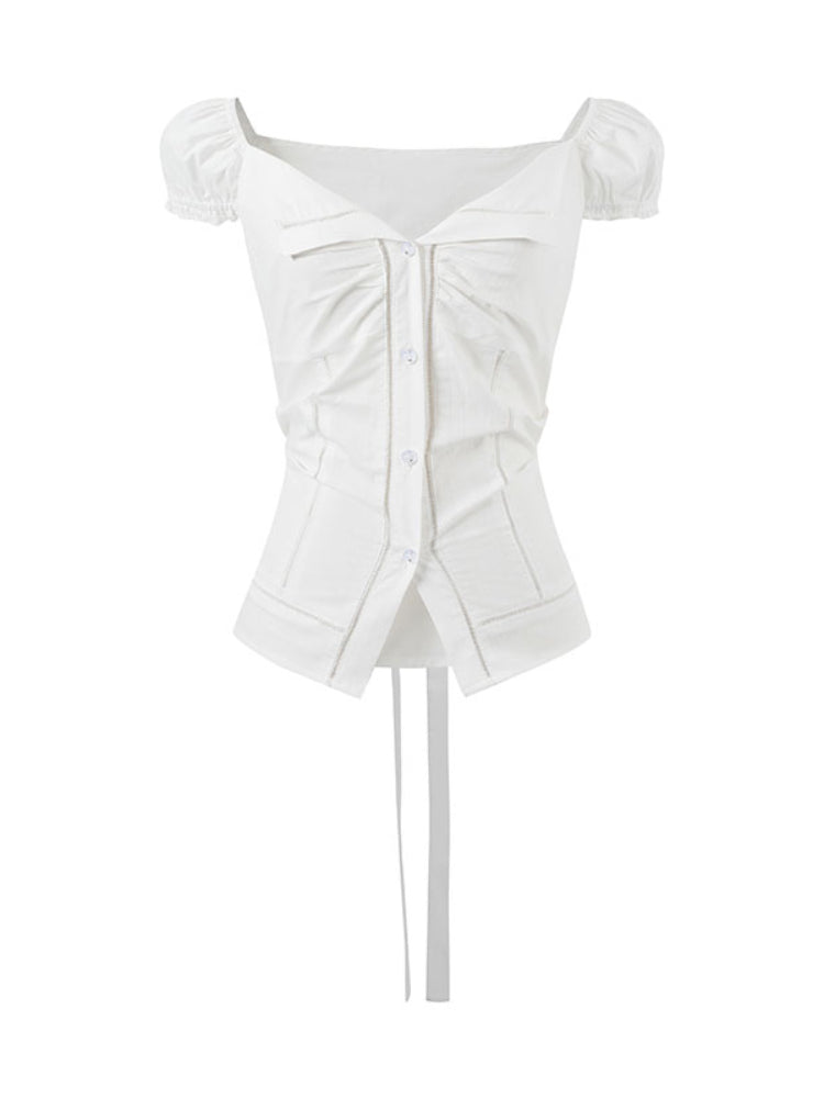 Lapel Waist-Cinching Lace Elastic Shirt - CHINASQUAD