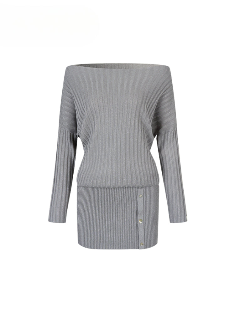 Off-Shoulder Slant Shoulder Button Dress - CHINASQUAD