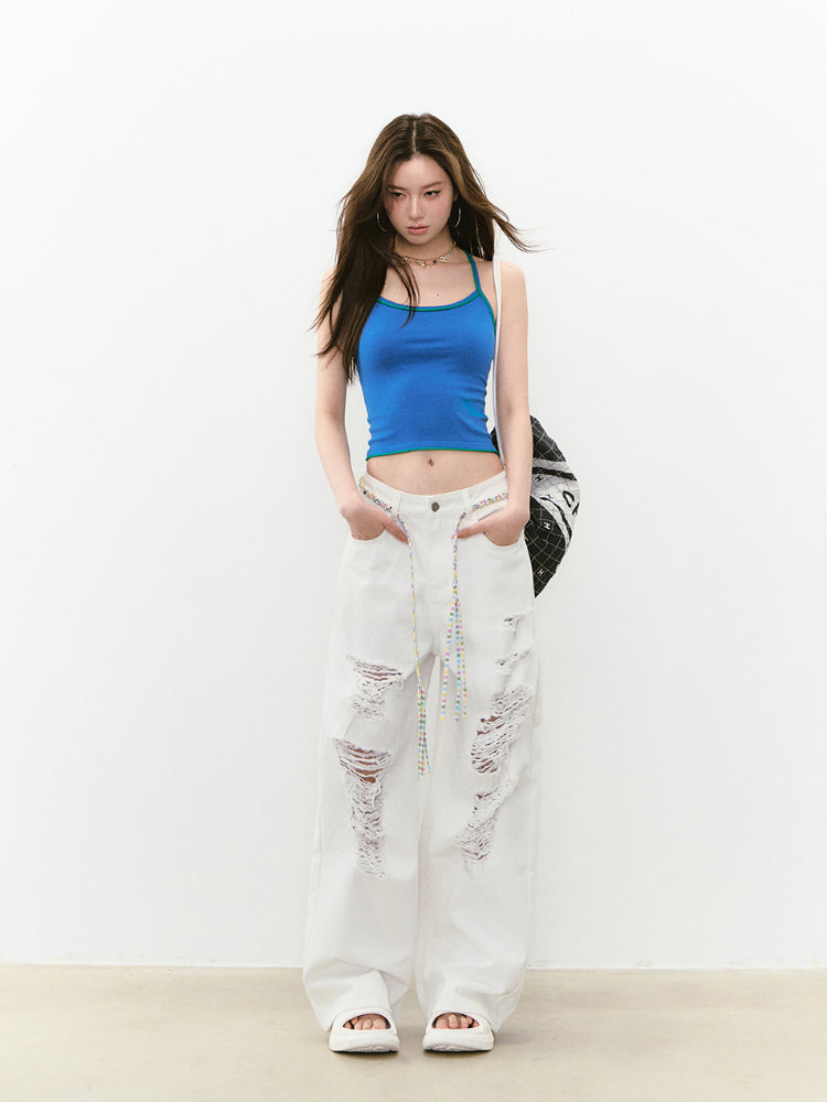 Rhinestone Knit Color-Block Sling Vest - CHINASQUAD