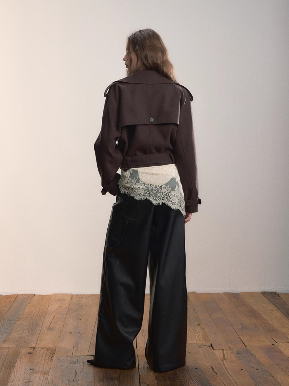 Lapel Collar Belted Cropped Trench Jacket - CHINASQUAD