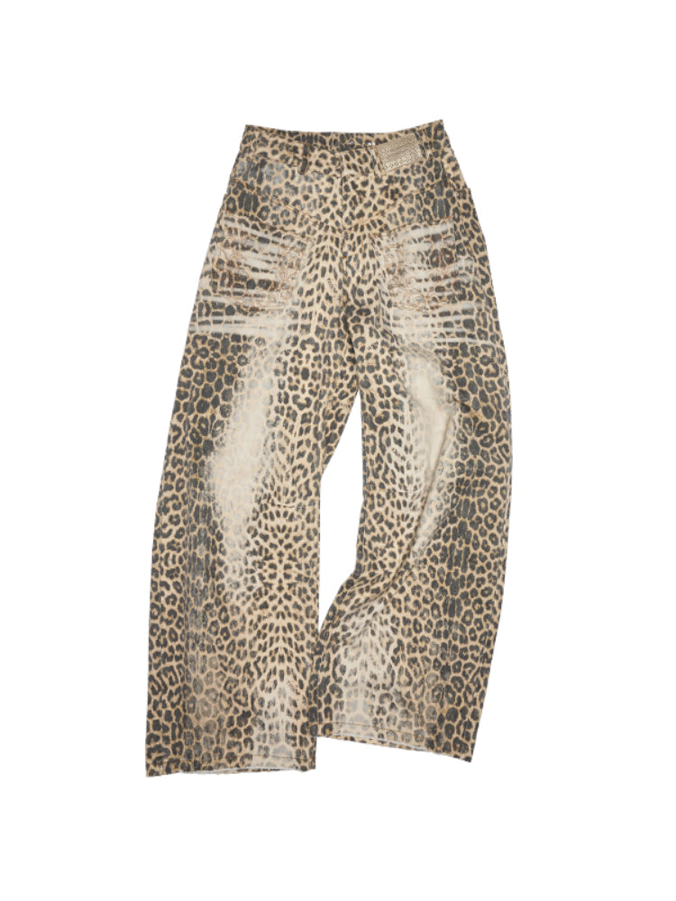 Washed Leopard Print Canvas Curved Pants - CHINASQUAD