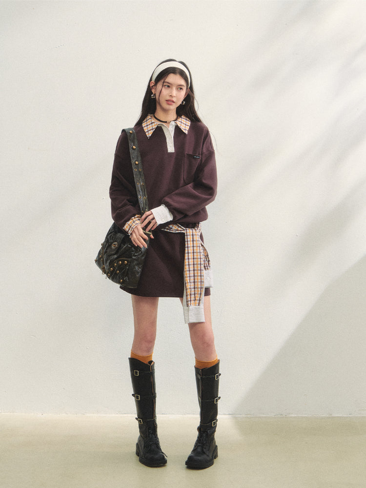 Fake Two-Piece Checkered Shirt Panel Sweatshirt - CHINASQUAD