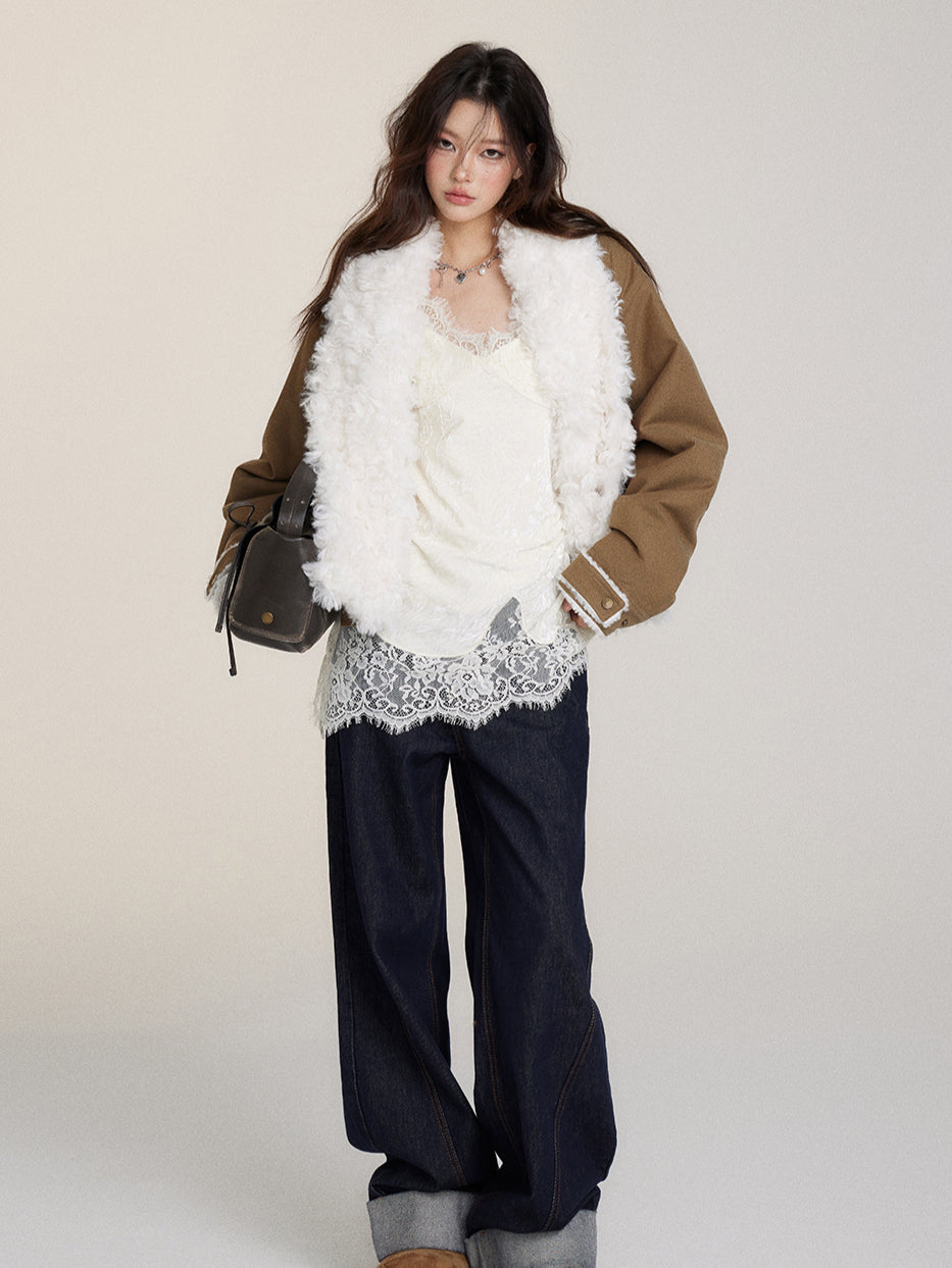 (Final Sale) Fur Collar Two-Way Fuzzy Baseball Jacket - CHINASQUAD