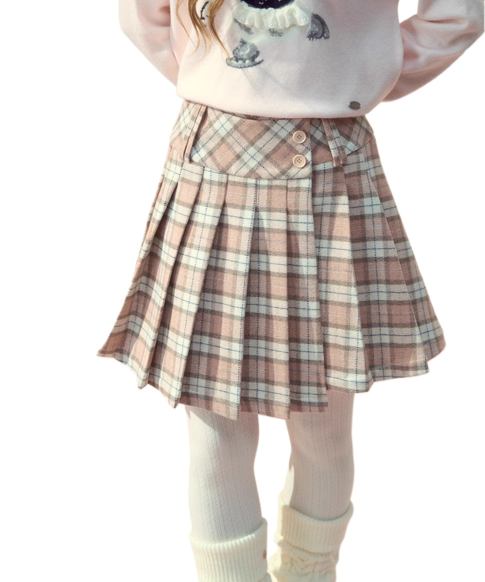 Blush Plaid Wool A-Line Pleated Skirt - CHINASQUAD