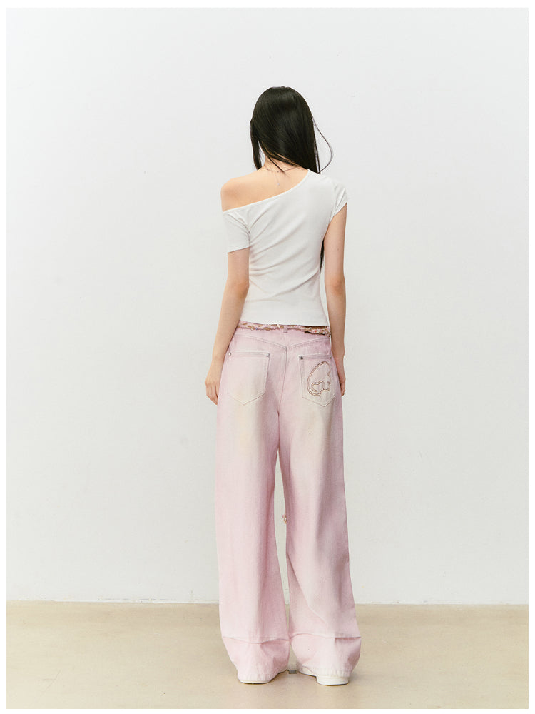 Pink Washed Distressed Jeans - CHINASQUAD