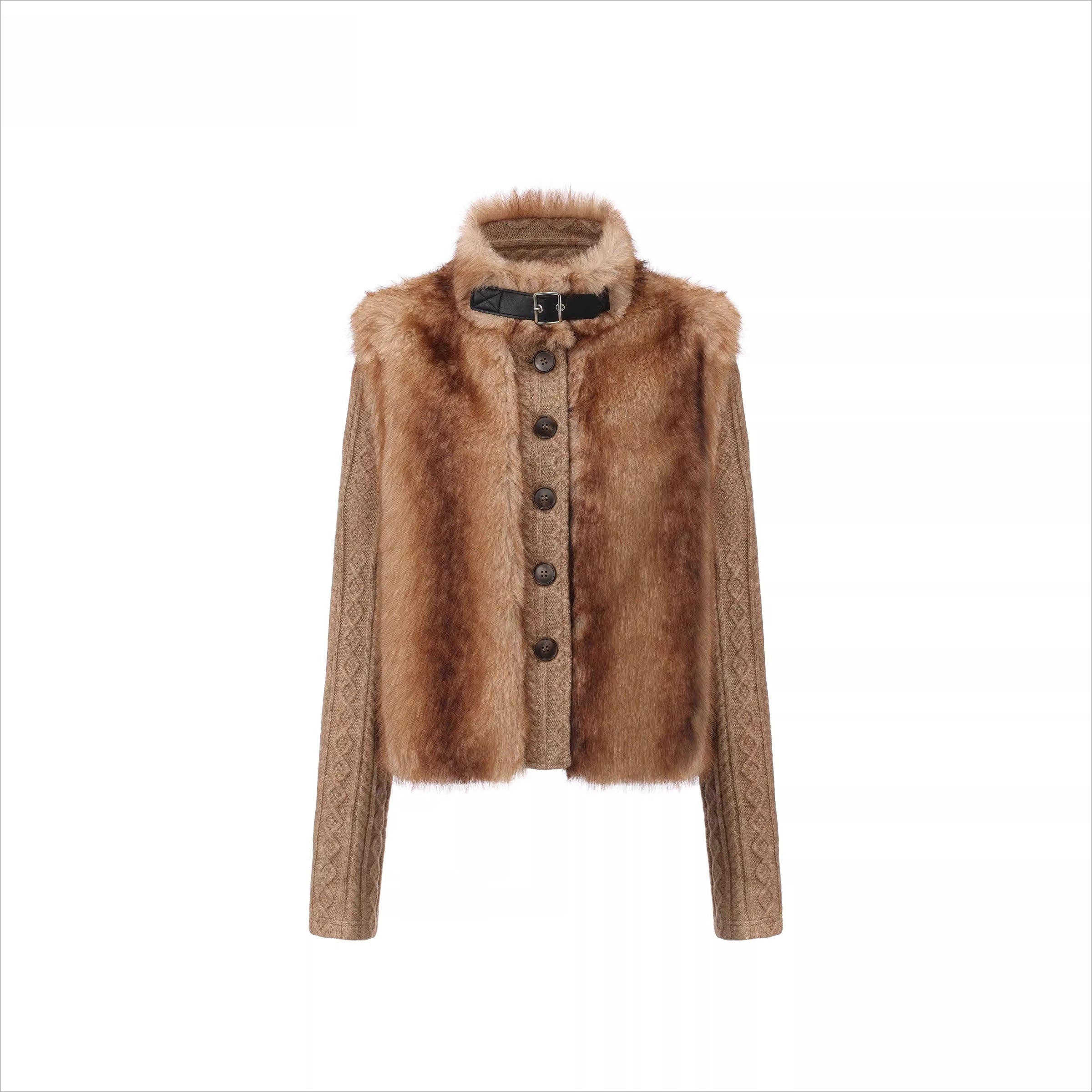 Detachable Sleeve Knit Eco-Fur Jacket