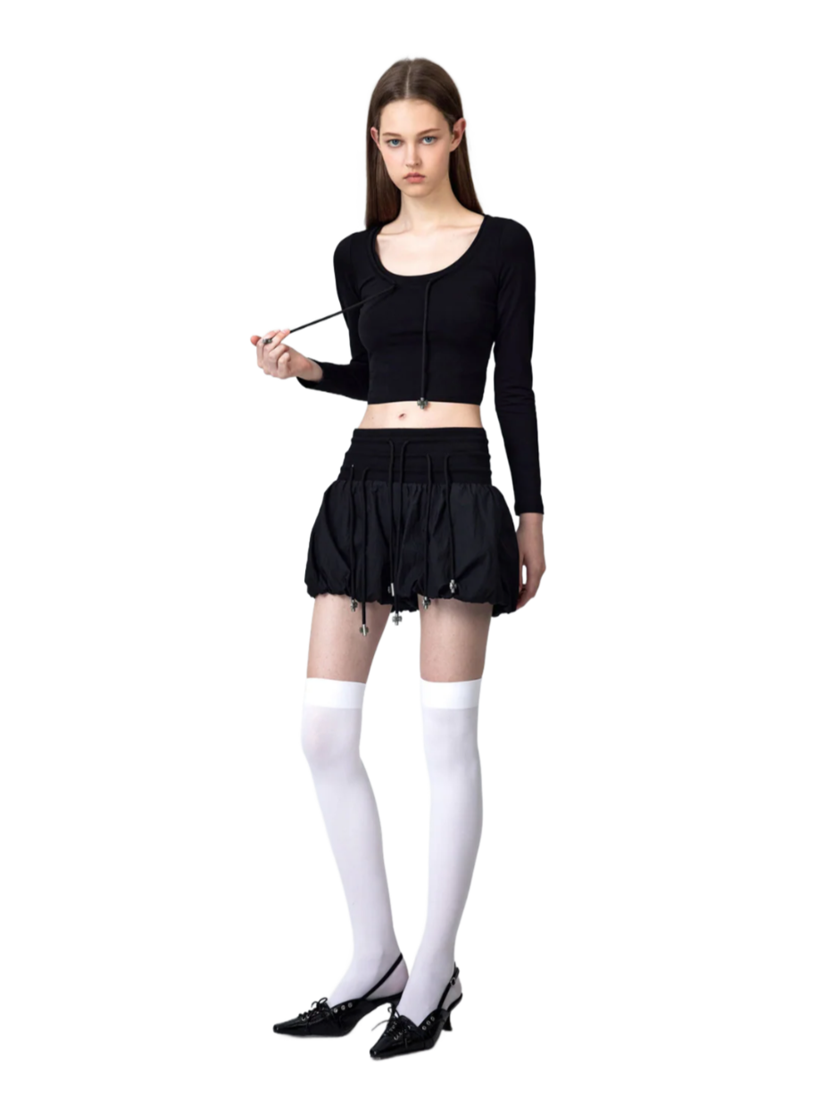 Bow Low-Cut Long-Sleeved Top