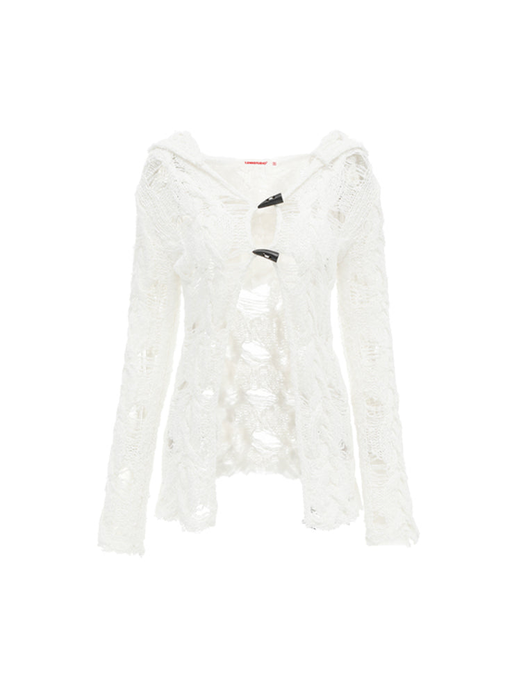 Black & White Hollow Out Knit Hoodie - CHINASQUAD