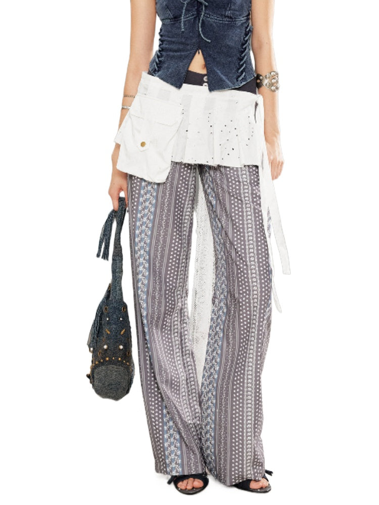 Printed Spliced Low-Waist Striped Wide-Leg Pants - CHINASQUAD