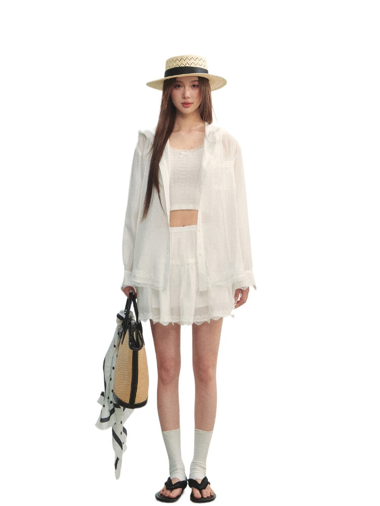 White Lace Panel Hooded Coat & Skirt Set - CHINASQUAD