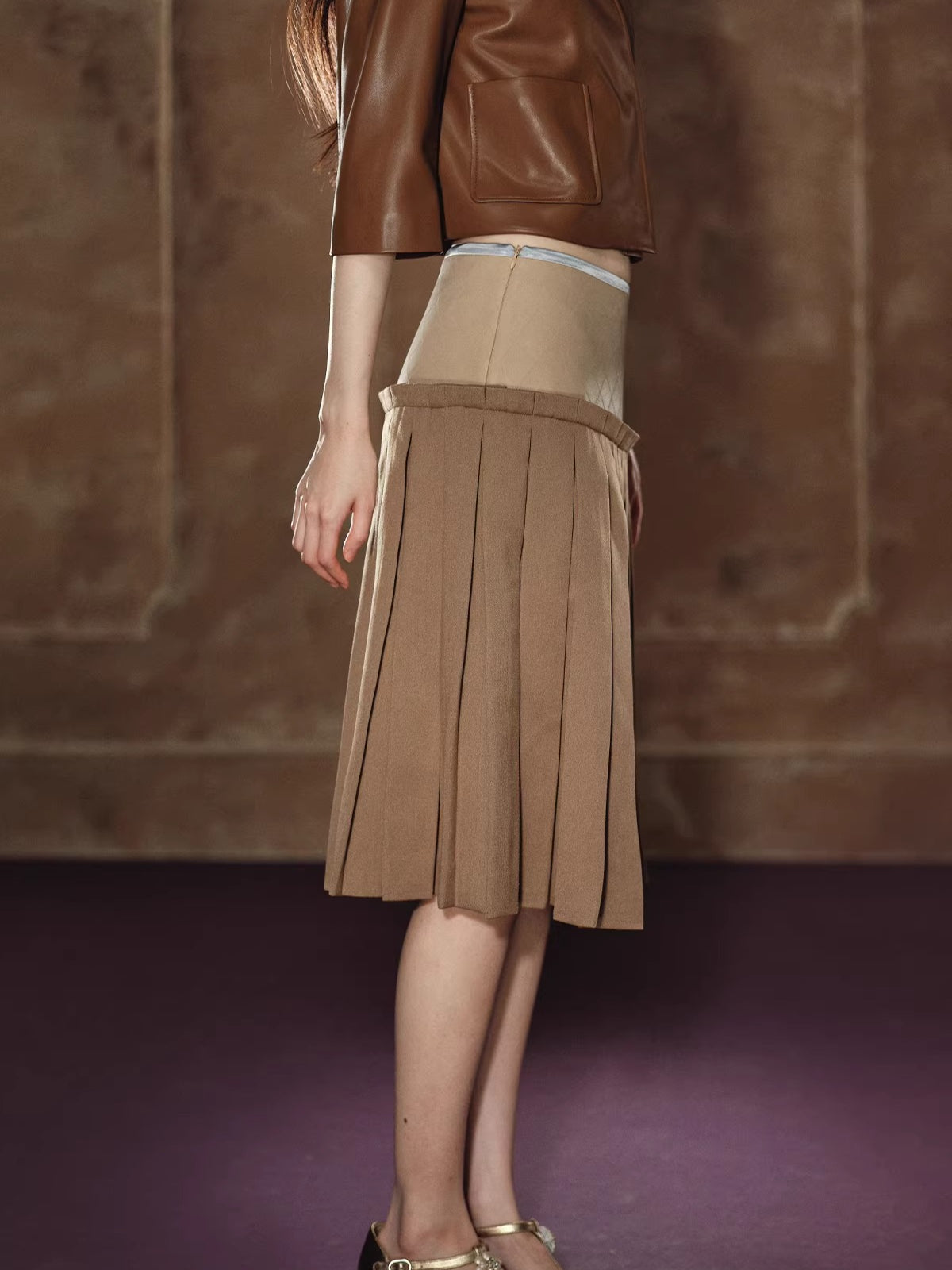 A-Line Skirt & Cropped Sleeve PU Jacket Set