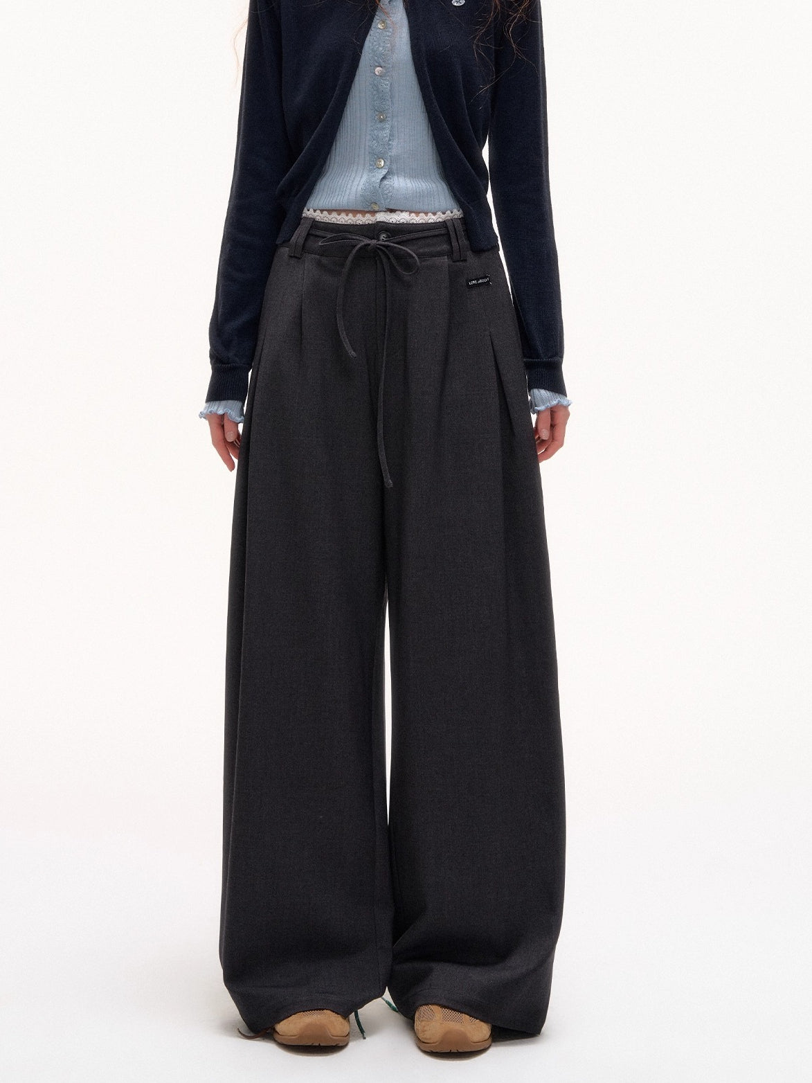 Lace-Trim Waist Tie Wide-Leg Pants - CHINASQUAD