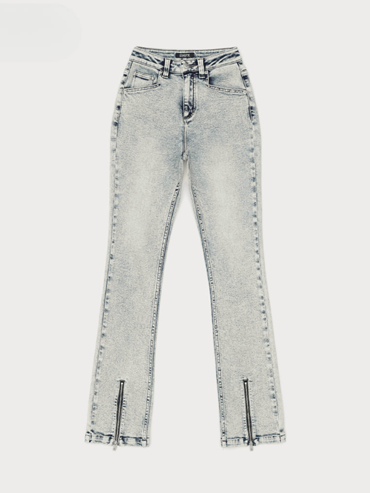 Rivet Biker Zipper Elastic Split Flare Jeans