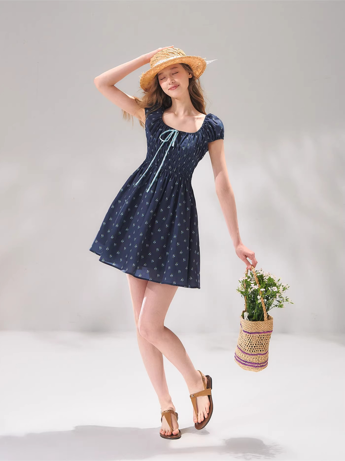 French Floral Tie-Waist Square Neck Puff Sleeve Dress