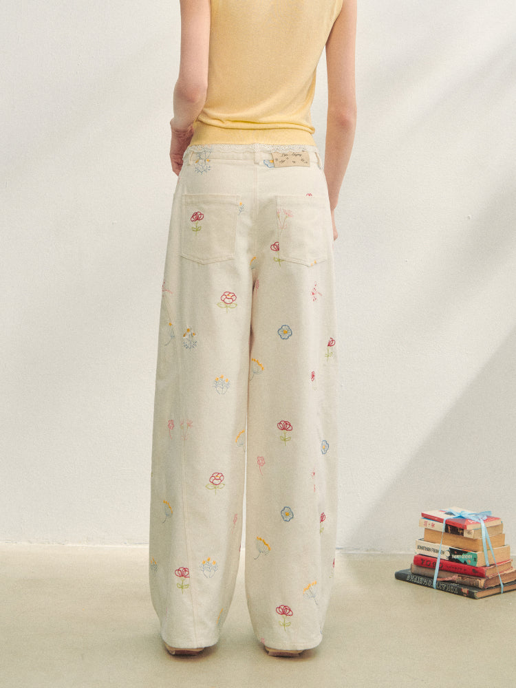 Floral Embroidered Casual Straight-leg Pants - CHINASQUAD