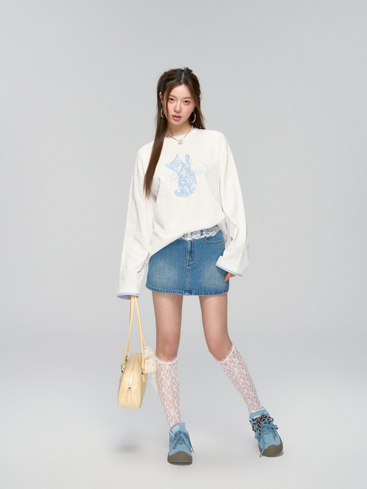 Blue Lace-Trim Denim Skirt - CHINASQUAD