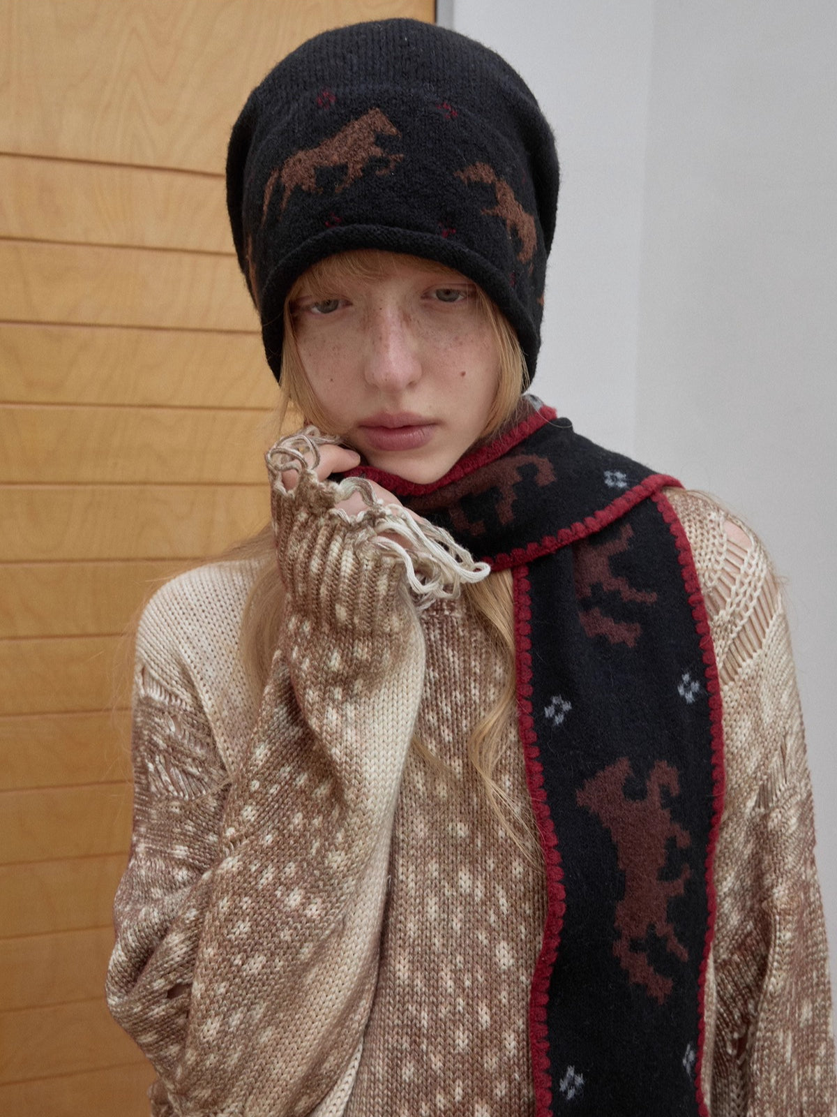 Vintage Deer Print Distressed Knit Sweater