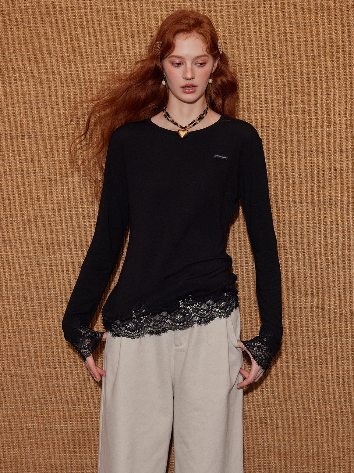 Lace-Paneled Round-Neck Long-Sleeve T-Shirt - CHINASQUAD