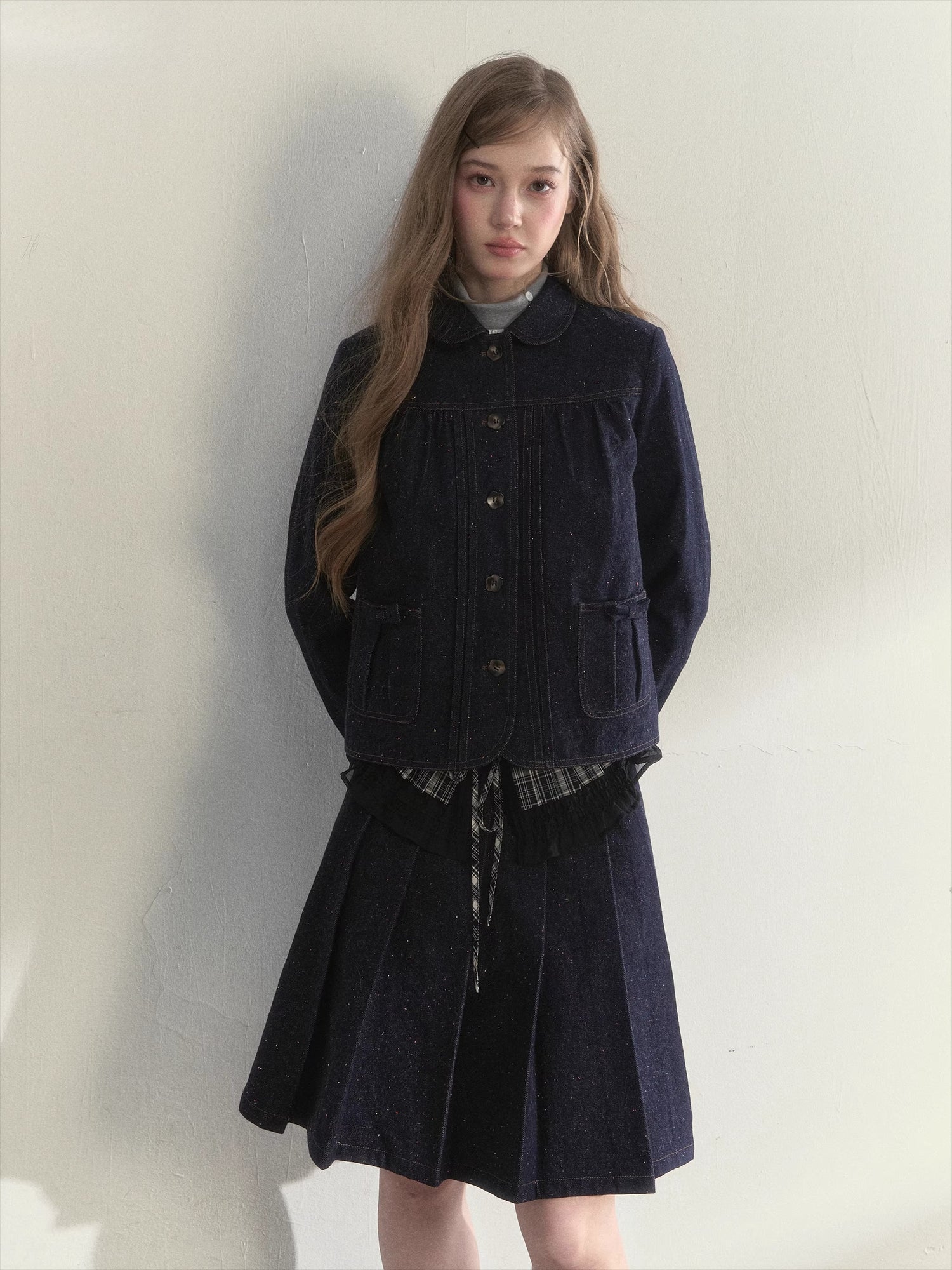 Polka-Dot Denim Quilted Jacket & Skirt Set