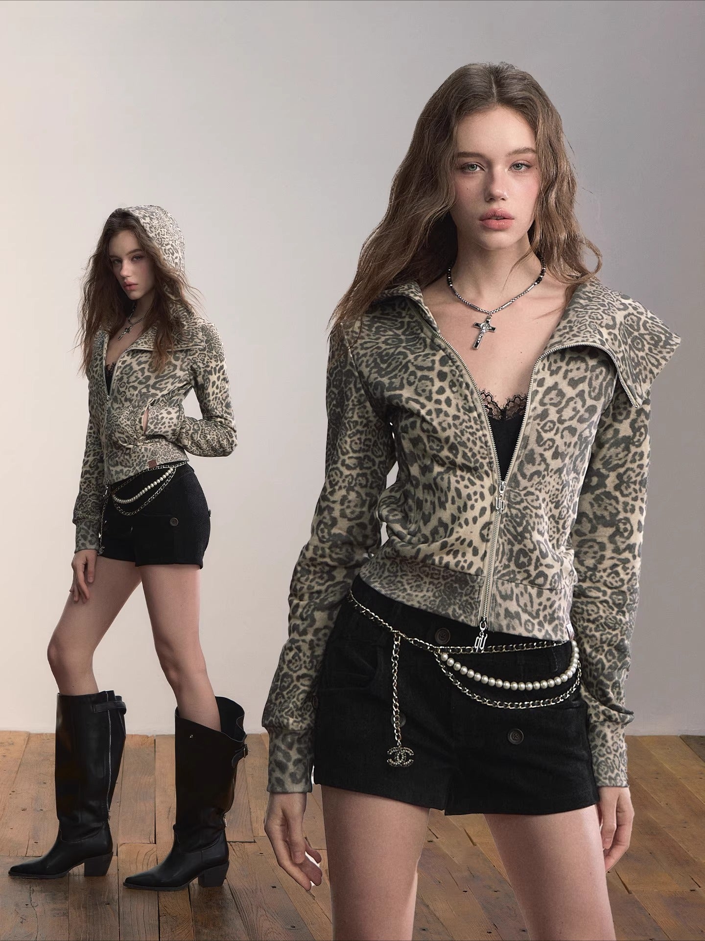 Leopard Print Street-Style Zip-up Hoodie
