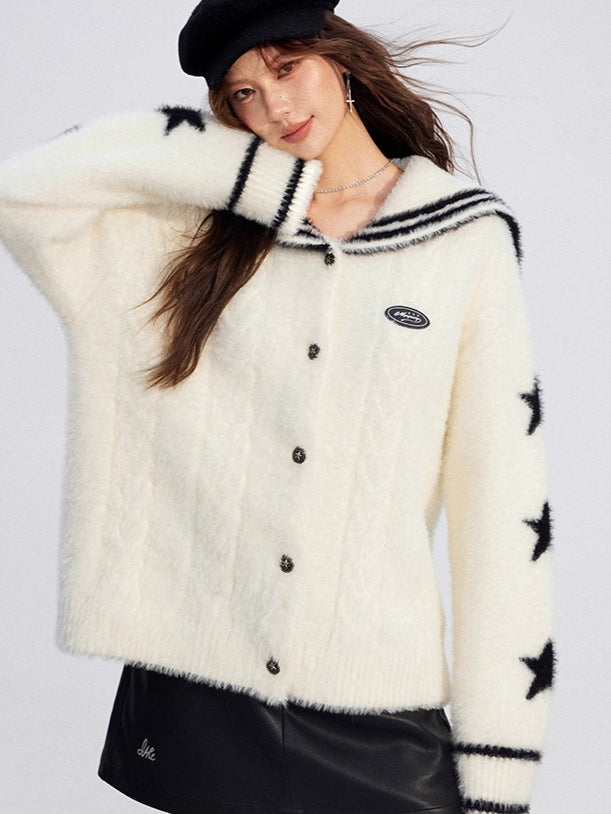 Navy-Collar Mink Plush Knit Turtleneck